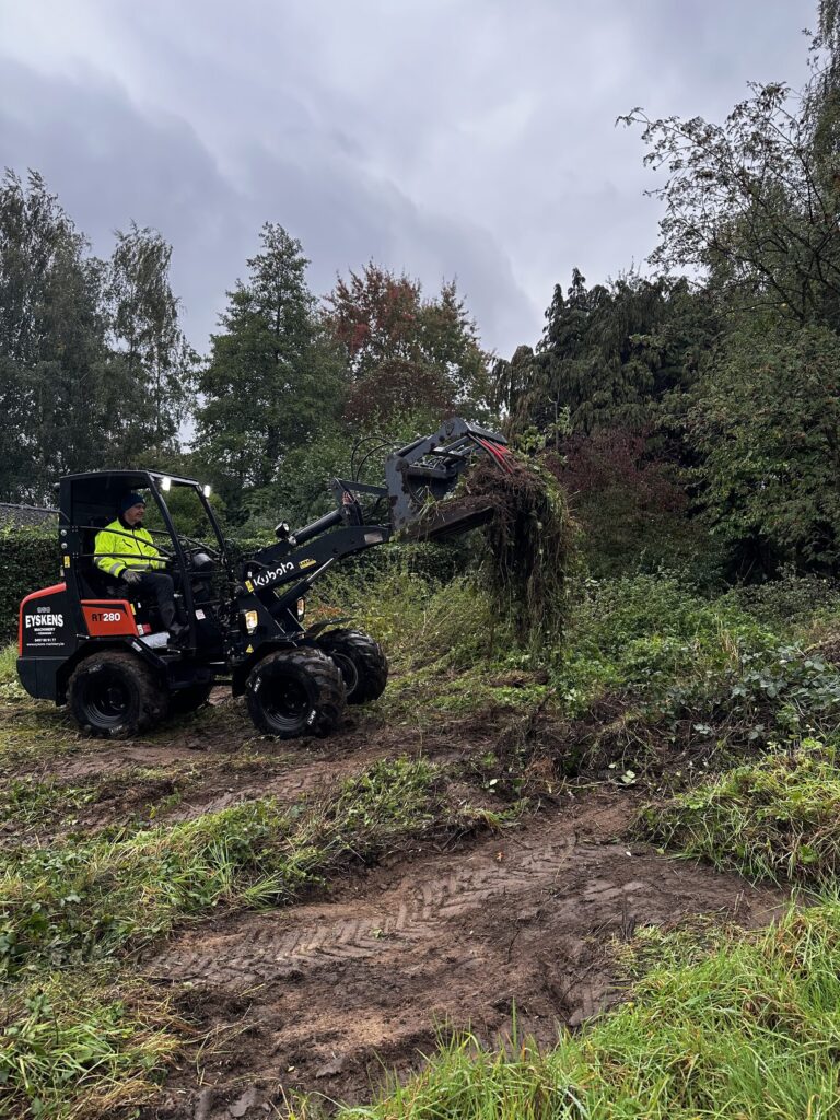 EYSKENS Machinery Kubota RT 280 wiellader ruimt overgroeide haag — groen verwijderen werf
